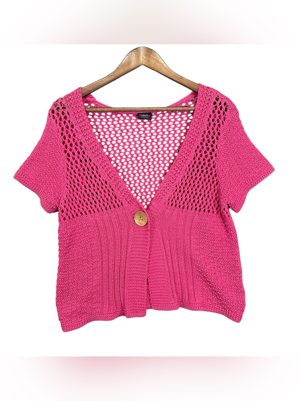 Tribal Brand Women’s Pink Crochet Knit Cardigan Shrug Sweater Med Short Sleeve